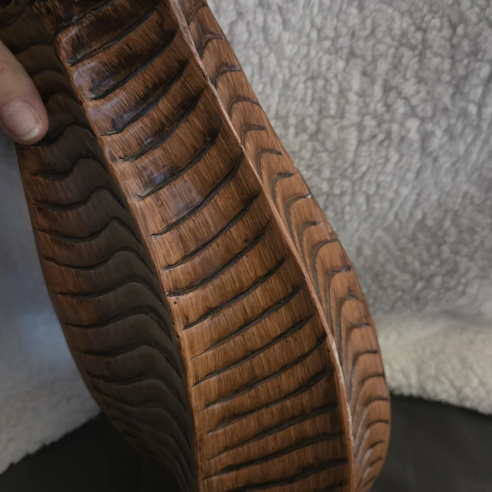 Vintage Carved Wood Table Vase w/ Dried Grass | Boho Accent Decor